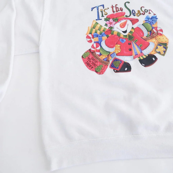 Vintage Jerzees White Snowman Ugly Christmas Tis The Season Crewneck Sweater  M - Picture 7 of 11